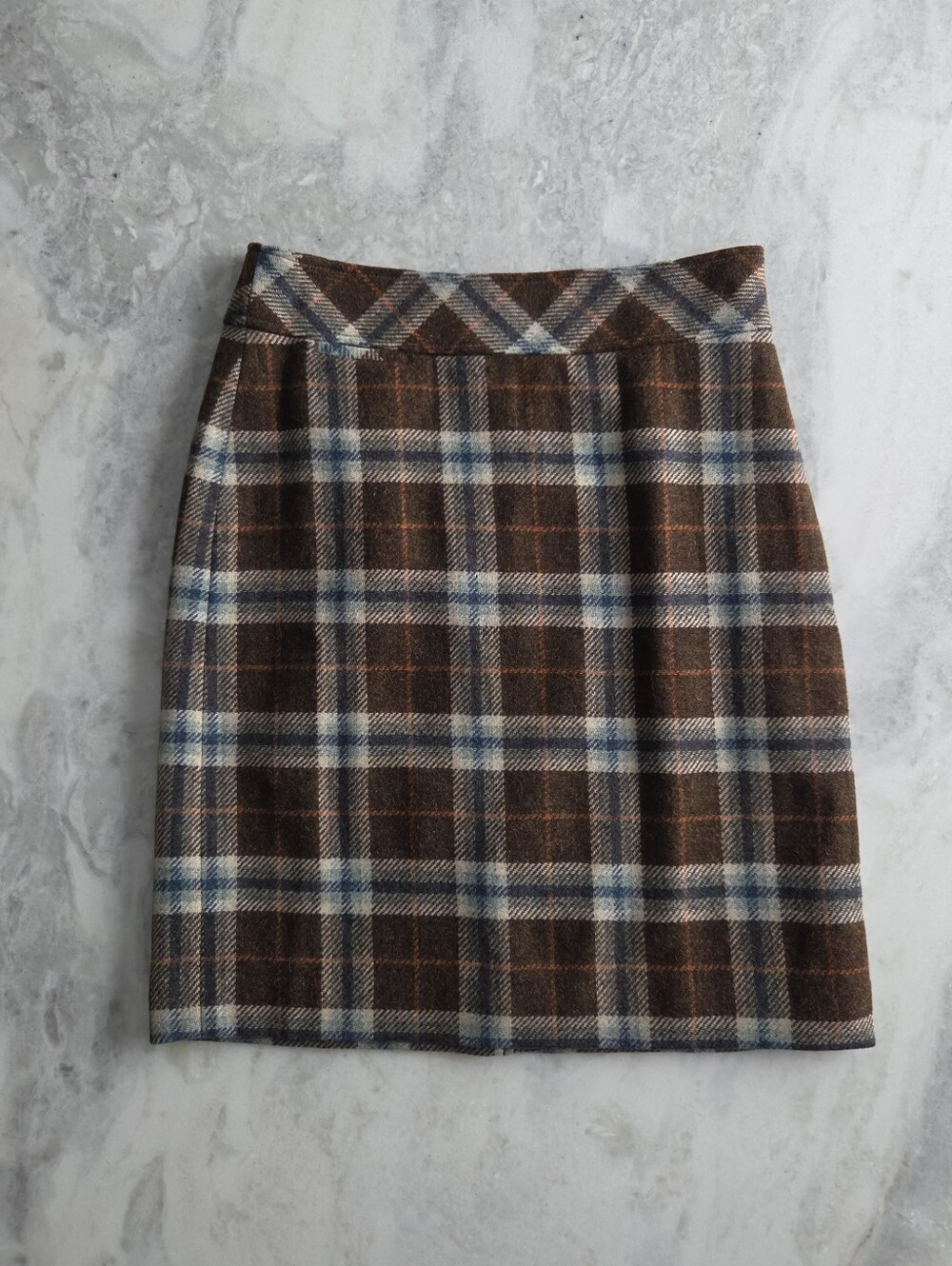 LL Bean Plaid Wool-Blend Brown Mini Skirt with Blue Accent